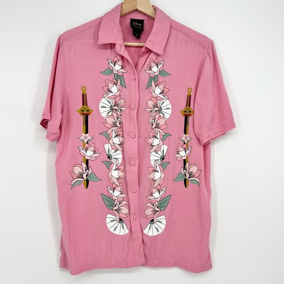Disney Mulan Button Blouse Top XS Pink Embellished Sequin Graphic Princess Rayon - Picture 3 of 10